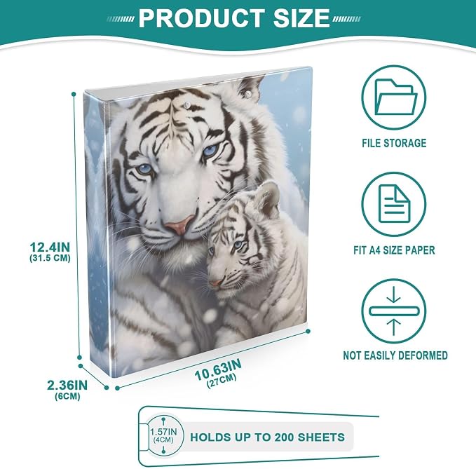 SPRIPORT Cute White Tiger Snow 1.5 Inch 3 Ring Binder Holds 200 Sheets for Office Supplies Durable PVC Round Ring Binder with Interior Clear Pockets Binder Organizer for Home Work Woman Man