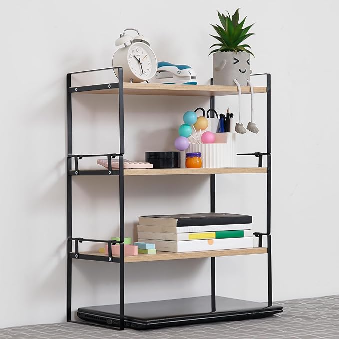 YGYQZ Desk Shelf Organizer for Top of Desk, 3-Tier Desktop Bookshelf, Black & Wood