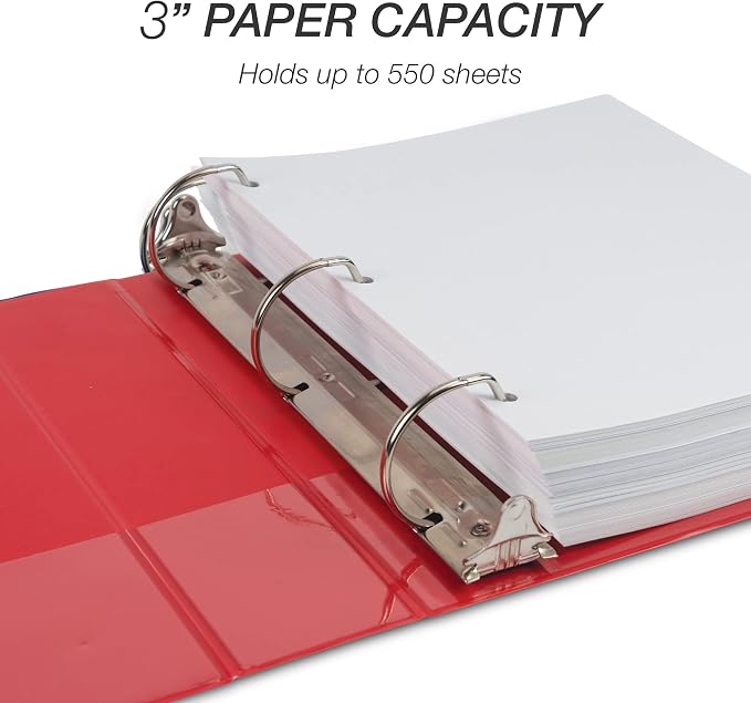 Samsill Durable 3 inch 3 Ring Binder, D Ring Binder, 100% Recycled Chipboard, Red (Pack of 2)