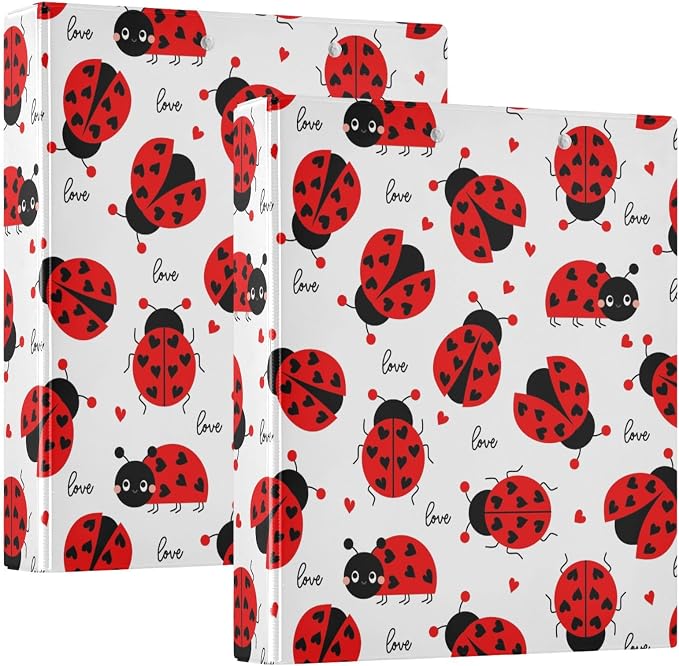 Love Quote Ladybugs Cute Ladybug Binder 3 Ring 1.5 Inch Binder with Clipboard&Pockets, Hardcover Binders Heavy Duty Large File Folder for Office School Supplies - Holds 200 Sheets,2 PC