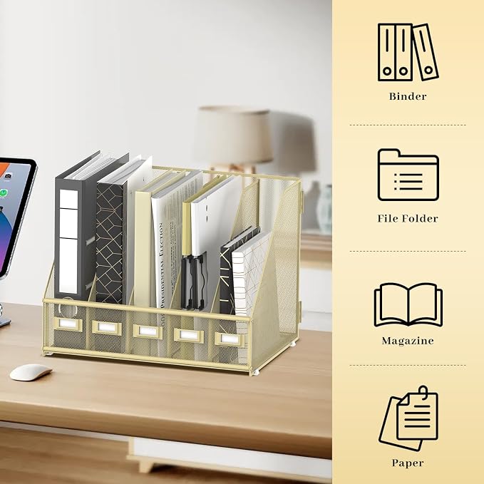 Desk Organizers Metal Desk Magazine File Holder with 5 Vertical Compartments Rack File Organizer for Office Desktop, Classroom, Home Workspace, Golden Yellow, Plus