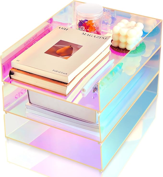 Suzile 3 Pcs Iridescent Acrylic Letter Organizer 12.6 x 9.5 x 2.8 Inches Stackable Iridescent Letter Tray Paper Tray for Desk File Document Folder Notebooks Stationery Office Accessories(Vertical)