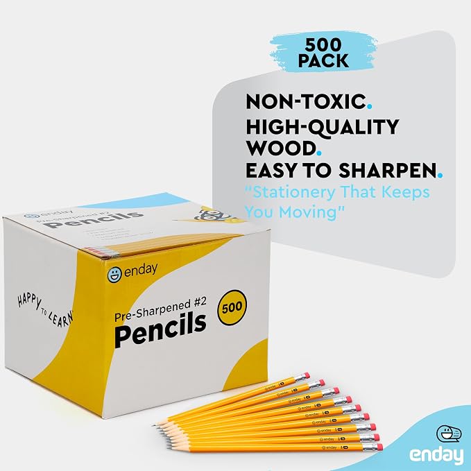 Enday #2 Pencils Bulk - 500 Pack - Pre-Sharpened #2 Wood-Cased Yellow Sharpened Pencils for Kids with Latex-Free Eraser Top for Office and Classroom Supplies