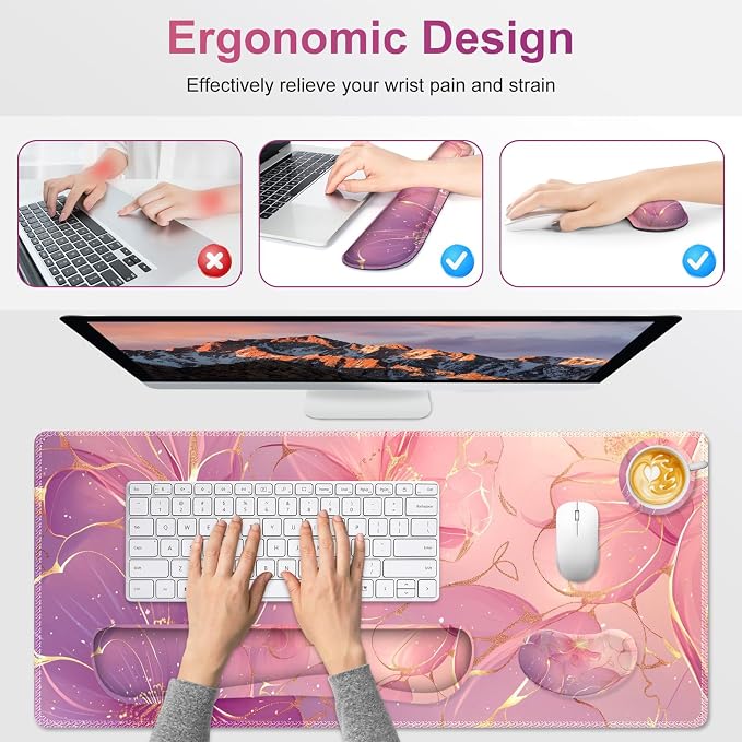 Desk Mat Pad, Gaming Mouse Pad Wrist Support Set, 4 in1 Non-Slip Large Mousepad + Ergonomic Keyboard Wrist Rest+Mouse Wrist Rest+Coaster for Home Office Computer I Pink Purple Gold Floral
