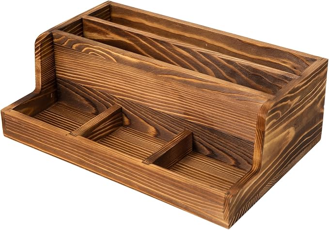 Rustic Brown Wood Mail Organizer Stationery Sorter Letter Holder Office Supply Storage Caddy 2 Slots 3 Trays Desktop Envelope Document Notepad Countertop Daily Accessories Table Home Entryway