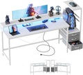 52 inch Gaming Desk with Drawers, Reversible Computer Desk, White | Gamer Desk with LED Lights, Power Outlets & Monitor Stand, Large Office Table for Home Bedroom Study Work Writing