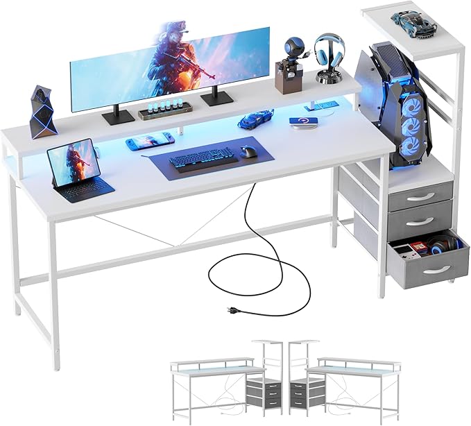 52 inch Gaming Desk with Drawers, Reversible Computer Desk, White | Gamer Desk with LED Lights, Power Outlets & Monitor Stand, Large Office Table for Home Bedroom Study Work Writing