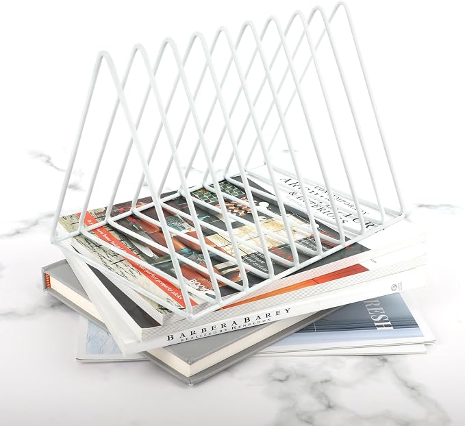 Vinyl Record Holder Storage, 9 Slot Metal Magazine Book Album Display Rack, Stylish Triangle Desktop File Sorter Organizer for Home Office, White Pack of 2