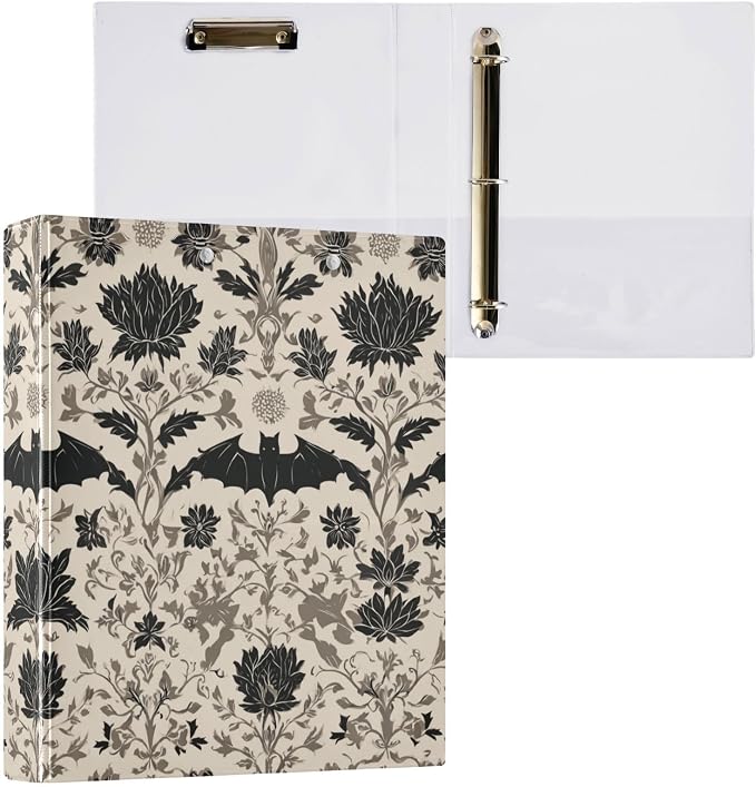 Goth Bat Round Ring Binders Floral (3) 1.5 Inch 3 Ring Binder with Clipboard Holds 200 Sheets Office Home School