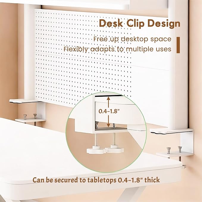 Clamp On Desk Shelf Organizer with Pegboard Desk Hutch Dorm with Storage Bookshelf Desk Top Organizer Shelf Multi-Purpose White & Black Desktop Shelves & Office Shelves (White, W - 31.5")