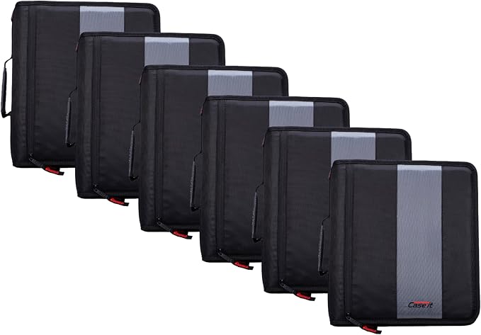 Case-it School Zipper Binder | 2-Inch O-Rings | 350-Sheet | D-251 Jet Black | Classic, Multiple Storage Pockets, Shoulder Strap, School & Office Organizer, 6-Pack