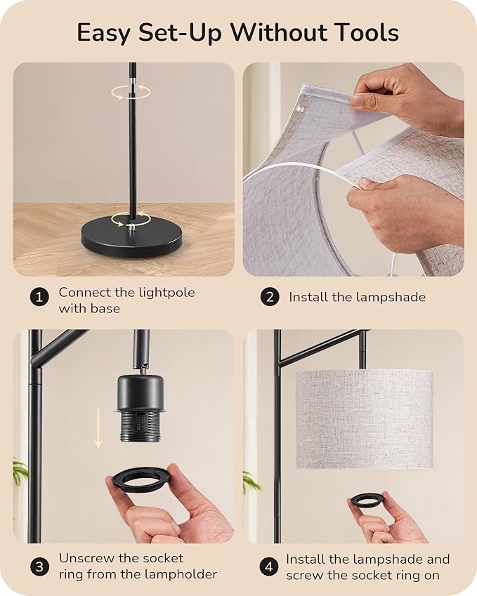 EDISHINE Modern Floor Lamps for Living Room, 64.7" Minimalist Standing Lamp with 3 Color Temperatures Bulb & Adjustable Linen Shade, Foot Pedal Switch, Arc Tall Lamp for Bedroom Office, Black