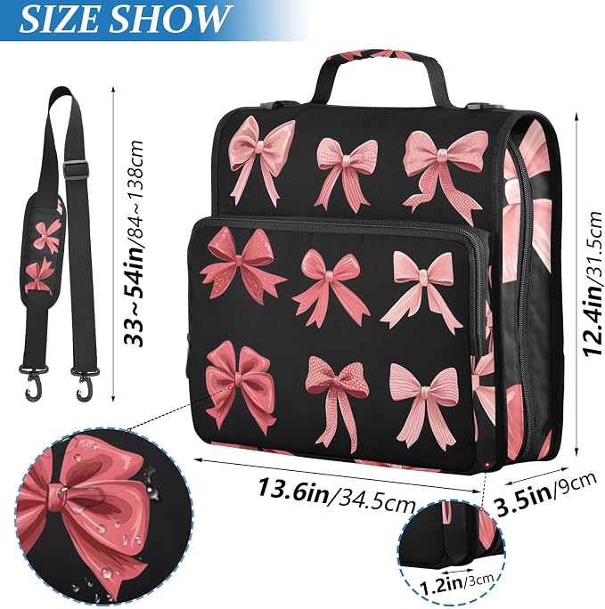 3 Ring Zipper Binder with Shoulder Strap Pink Red Bow Black 1.5 inch Binders Keeper Large Capacity Multi Pockets for School Office Supplies