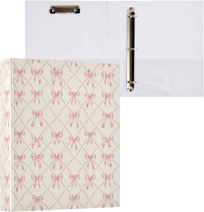 Pink Bow Rhombus Plaid 3 Ring Binder 1.5 Inch 1 Pack with 200 Sheet for Kids School Supplies Women Men Office