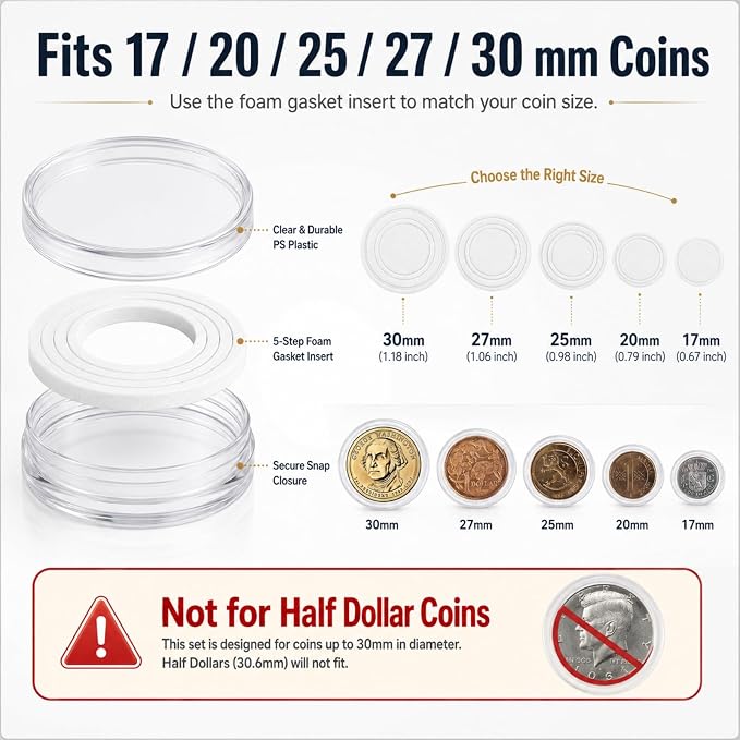 APACALI 500 PCS Coin Capsules Holders for Collectors, 30mm Clear Plastic Coin Holders with Foam Gaskets, 5 Storage Organizer Boxes, Coin Collection Supplies for 17/20/25/27/30mm Coins