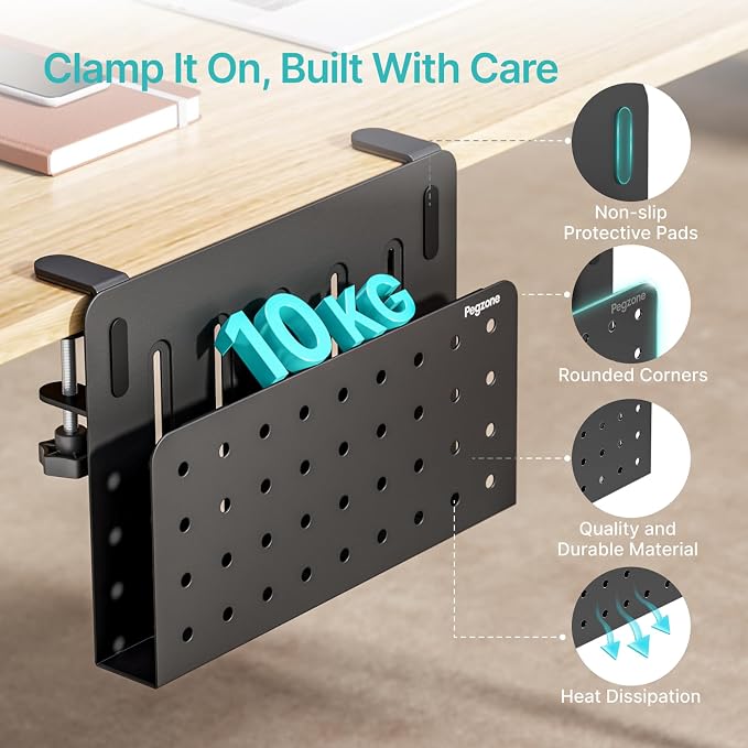 Desk Side Storage Organizer, Fits Flat Edge 0.4" to 2.2", Black | No Drill Under Desk Laptop Holder, Clamp on Desks Shelf with Pegboard Accessories, Hanging Laptop Mount