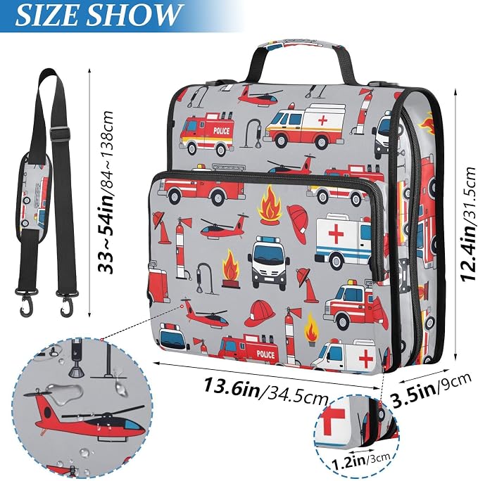 Fire Engine Car Truck 3 Ring Binder Bag 1.5 inch Binder Organizer with Zipper Shoulder Strap 500 Sheet Documents Storage for School Office