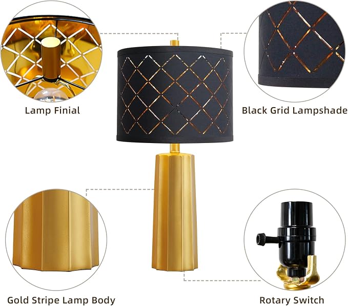 24" Modern Table Lamp for Living Room Bedroom Black Grid Shade | Gold Nightstand Resin Lamps Contemporary Desk Lamps for Bedside End Tables, 2 Bulbs Included (Gold)