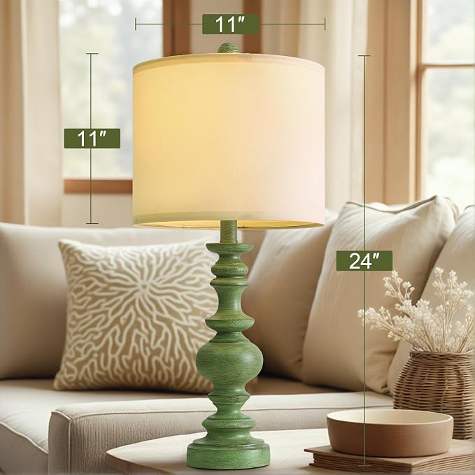 BOBOMOMO 24" Farmhouse Table Lamps Set of 2 – Sage Green Bedside Lamps with Linen Shades, Medium Traditional Lamps for Living Room, Bedroom, and Entryway, Vintage Lamp with Soft Natural Serenity