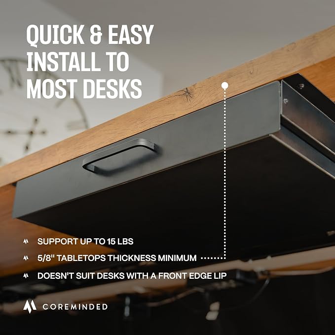 Under Desk Drawer Slide Out Attachment - Carbon Steel Undermount Table Drawer with Cable Management, Pull Out Add-On Storage for Office & Standing Desks (21.5" x 14" x 2.8")