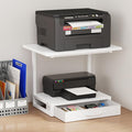 YAOHUOO 2-Tier Desktop Printer Stand with Fabric Drawer,19.6"x14.9" White | Printer Table with Storage Shelf,Desk Organizer for Home Office,Fit Printer,Fax Machine,Scanner,Space Saving for Two Monitors