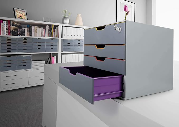 Durable VARICOLOR 4 Lockable Drawer Unit - Gray Desktop Filing Drawer Set with 4 Color Coded Draws - Letter Size Files - Top Draw is Lockable - Perfect for Storing Documents and Paper Work