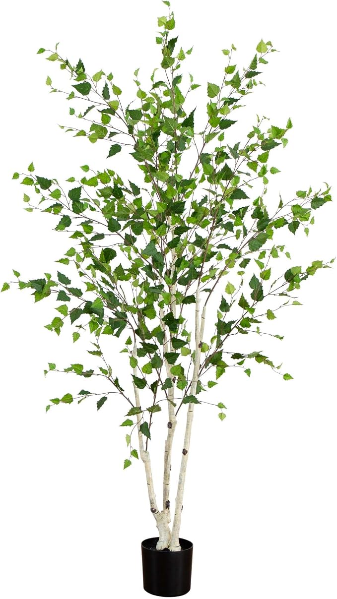 Nearly Natural 7 ft Artificial Birch Tree with Real Touch Leaves | Nature-Inspired Design, Light-Hued Bark, Nursery Planter Included, Realistic Home and Office Decor