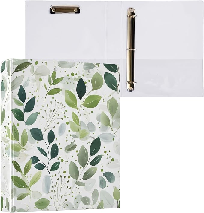 Eucalyptus Green Leavves Tropical Plant 3 Ring Binder with 2 Interior Pockets 1.5 inch Binders 3 Ring Heavy Duty Fit 8.5" x 11" Letter Size for Office School, 2 Pack