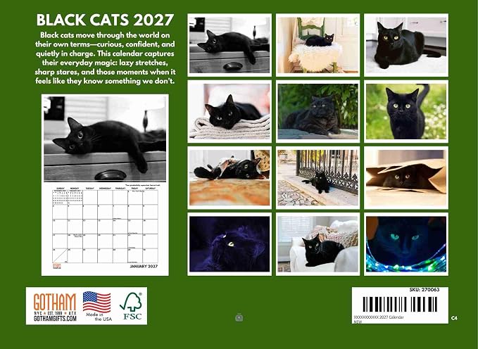 Black Cat Calendar 2027 Monthly Wall Calender 12 Month