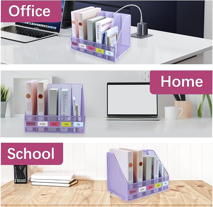 Desk Organizers, Metal Magazine File Holder with 5 Vertical Compartments Rack Binder File Organizer for Office Supplies, Home Workspace - Purple
