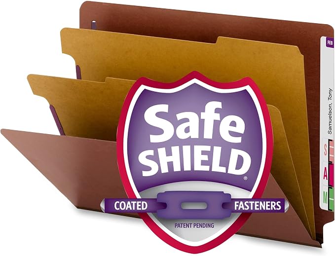 Smead 100% Recycled End Tab Pressboard Classification File Folder with SafeSHIELD Fasteners, 2 Dividers, 2" Expansion, Letter Size, Red, 10 per Box (26860)
