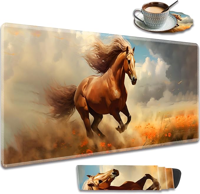 Extended Gaming Mouse Pad 31.5" x 11.8", with Edge Stitching, Non-Slip Rubber Base Keyboard Pad, Suitable for Work, Game, Office, Home and Coasters, Running Horse