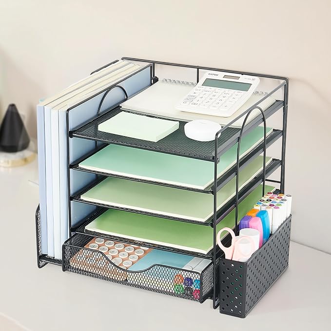 5-Tier Desk Organizer with Drawer and Pen Holder, Black | Paper Letter Tray Organizer with File Holder, Suitable for Workspace Organizer Office Supplies Storage