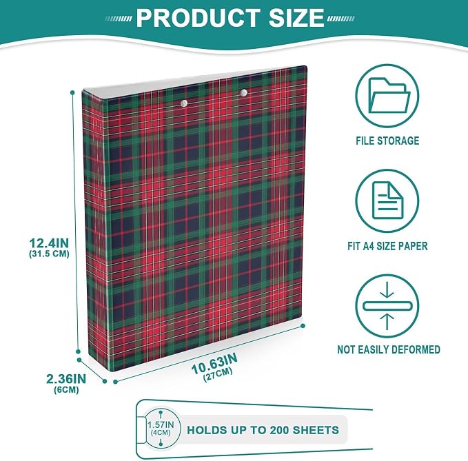 Red and Green Plaid 3 Ring Binder 1.5" Decorative D-Ring Binder with Clipboard&3 Clear Pockets, Holds 200 Sheets A4 Size Paper Waterproof Binders for School Home Office|2 Pack