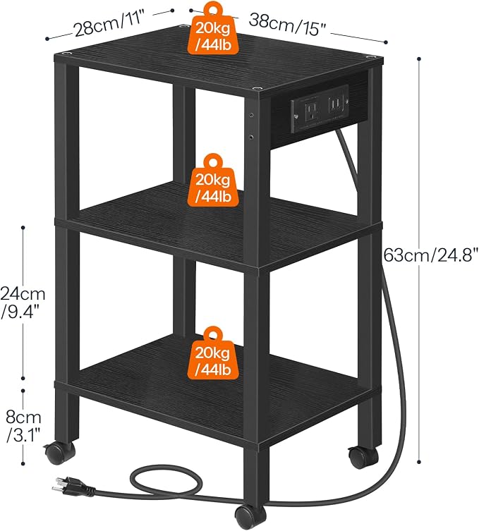 HOOBRO 3-Tier Printer Stand with Charging Station, Under Desk Printer Table, Printer Cart with Storage Shelves, Shelf for Small Spaces, for Home Office, Black BK63UPS01
