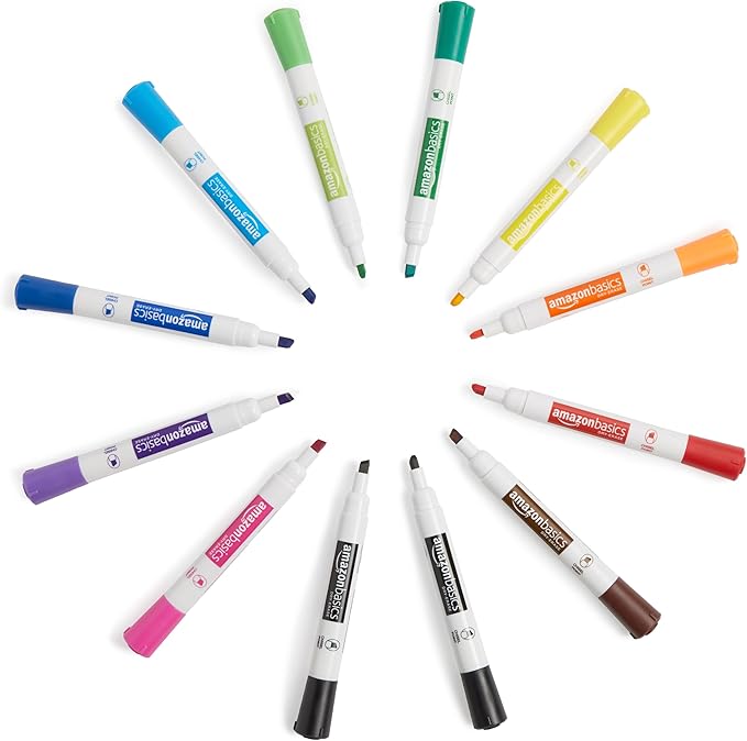 Amazon Basics 12-Pack Low-Odor Chisel Tip Dry Erase Whiteboard Markers, Black
