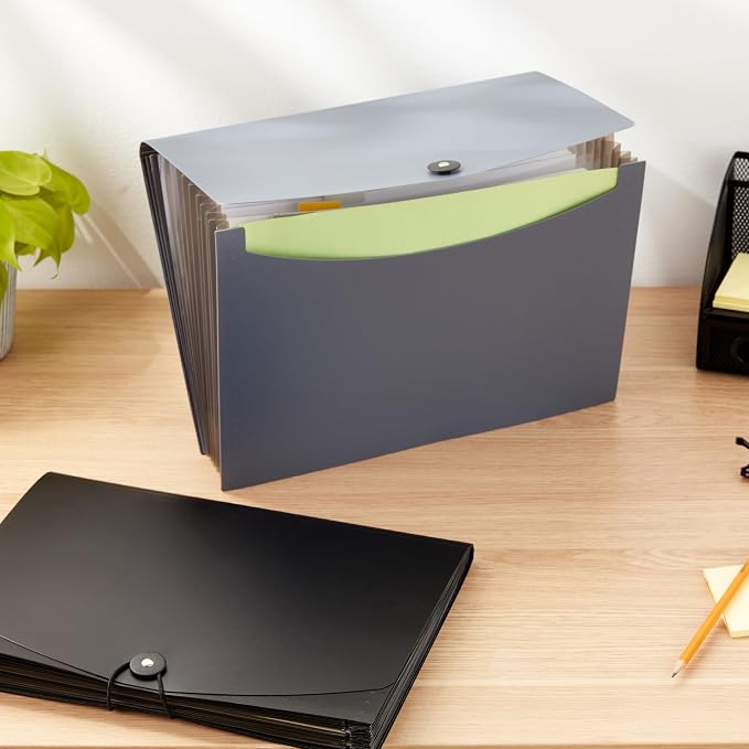 Amazon Basics Expanding Organizer File Folder for Documents, Letter Size, 13 Pockets, Waterproof, Black & Gray, 2-Pack