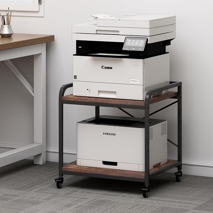 Fannova Large Size Under Desk Printer Stand, Height Adjustable Top Shelf | Table Top 20"x20", Fits 3D/Laser Printer, Heavy Duty Industrial Wheels, 2 Tier Rolling Cart Home Office Storage, Rustic Brown