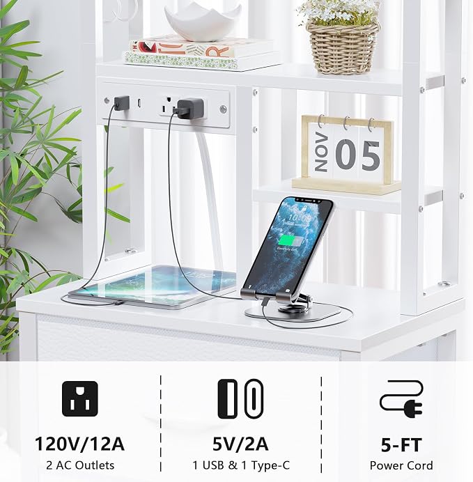 Tall Night Stand, 52.1" LED White Nightstand with Charging Station | LED Lights & USB Ports & type-C, 4 PVC Fabric Drawers and 4-Tier Storage Shelf, Bedside Table for Bedroom, Dorm