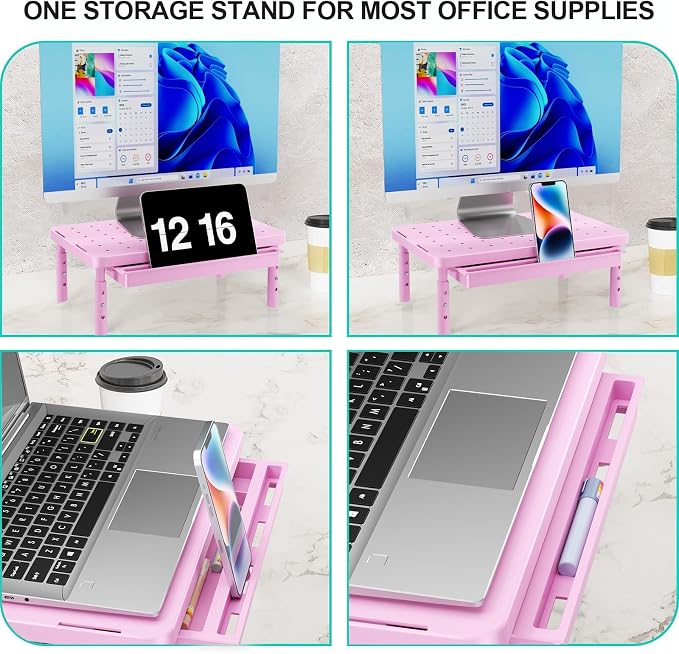WALI Computer Monitor Stand with Storage, Monitor Riser 3 Height Adjustable | Laptop Riser with Airflow Vents, Desk Organizer for Computer, Printer, Notebook (PTT002-P), 1 Pack, Pink