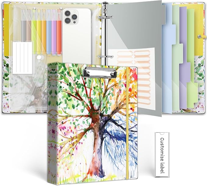 3 Ring 1 Inch Binder Organizer, KLLVE Three Ring Binders with Clipboard, 5-Tabs Pockets Dividers, Plastic Folder, 18 Divider Stikers,Pen Loop (Green Tree, Letter Size)