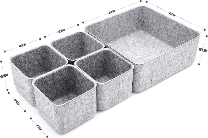 Desk Organizers Storage bins Set Office Drawer Organizers Pen holder pencil cup phone stand sticky note storage Closet Cabinet boxes Organizing 5-piece Pack (Gray)