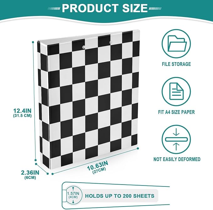 ALAZA 3 Ring Binder Black White Checkered Plaid Clipboard Round Ring Binder Holds 1.5 Inch Three Binders Heavy Duty Binders for Office Supplies, 1Pack