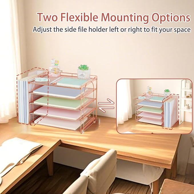 AUPSEN Rose Gold Desk Organizers and Accessories, 5-Tier Desktop Paper File Organizer with Removable File Holder, Desk Accessories & Workspace Organization for Home Office Supplies (Rose Gold)