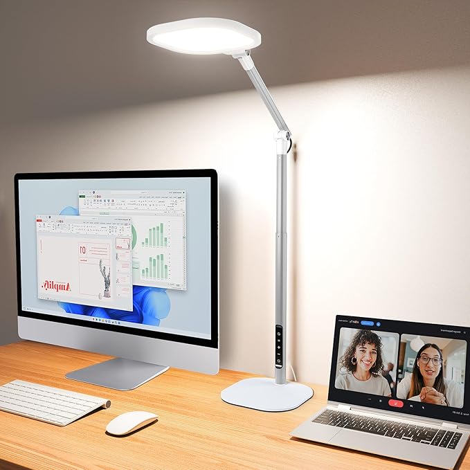 Tall LED Desk Lamps with Base, Edge-Lit Eye-Care, 50 Light Modes | 40" Height, Dimmable & Flexible, CRI>97.8, Memory and Timer Func, Stable Metal Base for Home Office, Video Calls & Drafting
