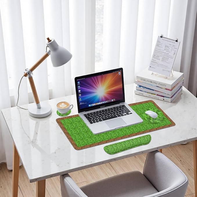 Pixel Game Mouse Pad Set Gamer Pixel Grass Gaming Mousepad 4in1 Desk Mat for Desktop Wrist Support Cup Coaster Set Ergonomic Computer Desk Arm Wrist for Decor Home Office
