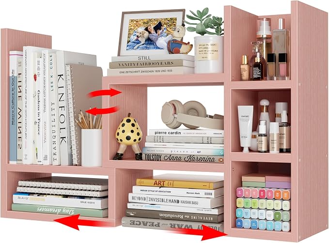 NUTIKAS Desk Shelves Desktop Organizer Shlef - Pink Office Organization for Top of Desk Organizers and Accessories Corner Bookshelf Table Top Shelving Small Hutch Decorations for Office