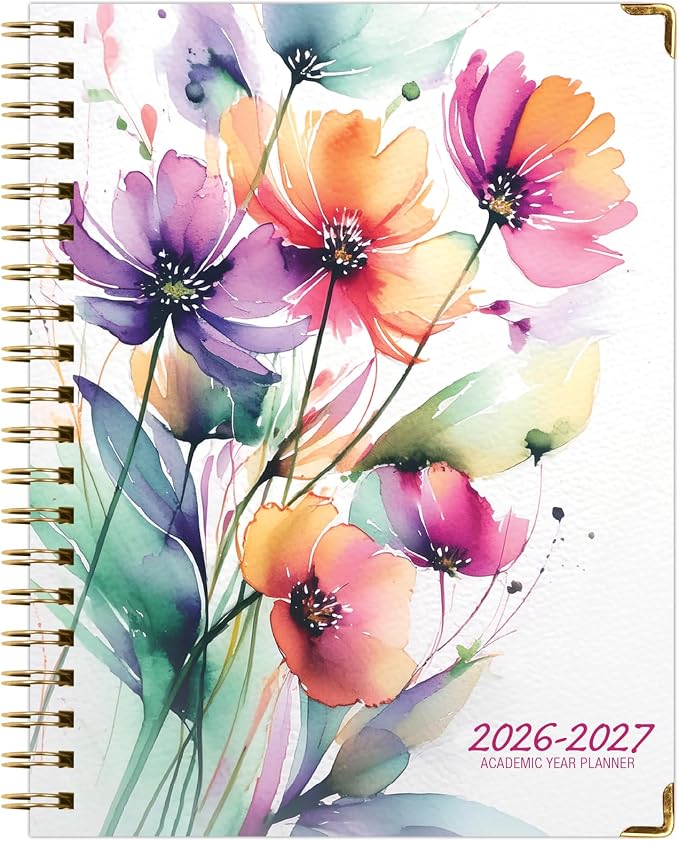 HARDCOVER Academic Year 2026-2027 Planner: 14 Months (May 2026 Through June 2027) 8.5"x 11" Daily Weekly Monthly Planner Yearly Agenda. Bookmark, Pocket Folder and Sticky Note Set (Rainbow Floral)