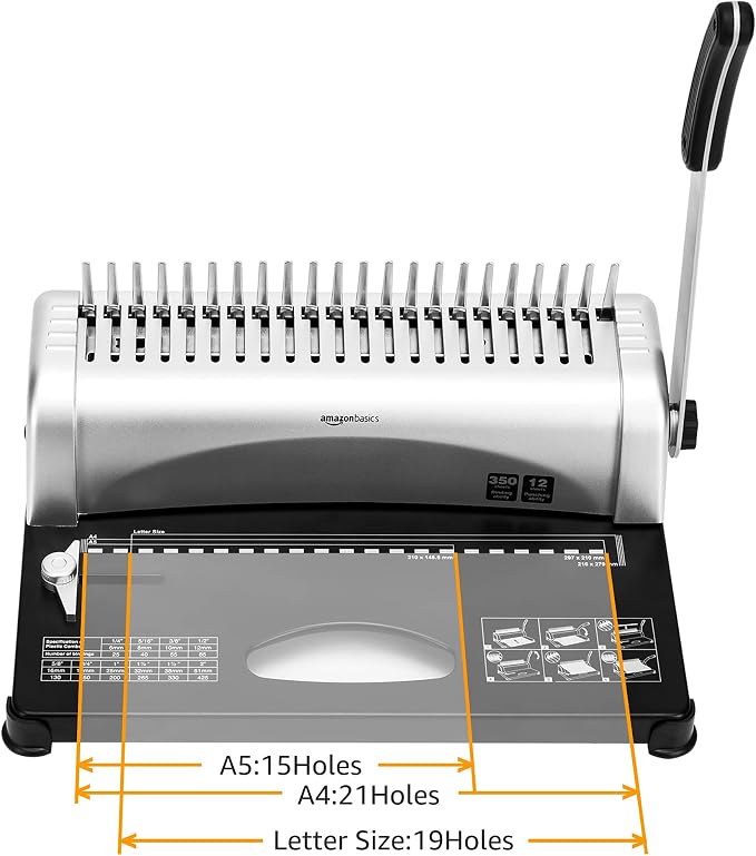 Amazon Basics Comb Binding Machine, 350 Sheets Capacity, Punches 12 Sheets, for Paper Sizes A5(15 holes)/Letter(19 holes)/A4(21 holes) with Adjustable Margin, Grey