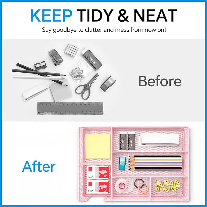 Desk Drawer Organizer, Office Drawer Divider Organizer Tray with 6 Compartments, Metal Mesh Desktop Organization and Accessories for Stationery Makeup Kitchen Toolroom School ＆Office (Large-Pink)